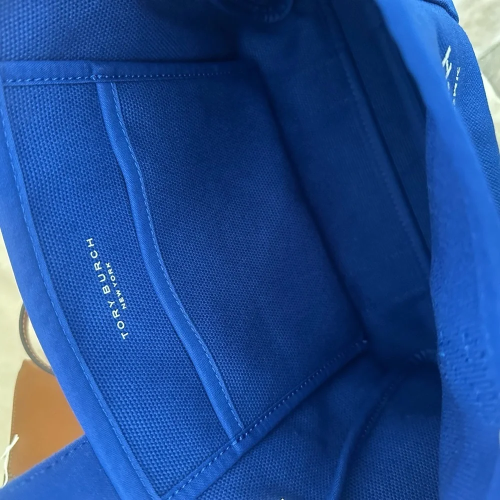 NWT Tory Burch canvas Tote, blue Dahlia, MSRP $349